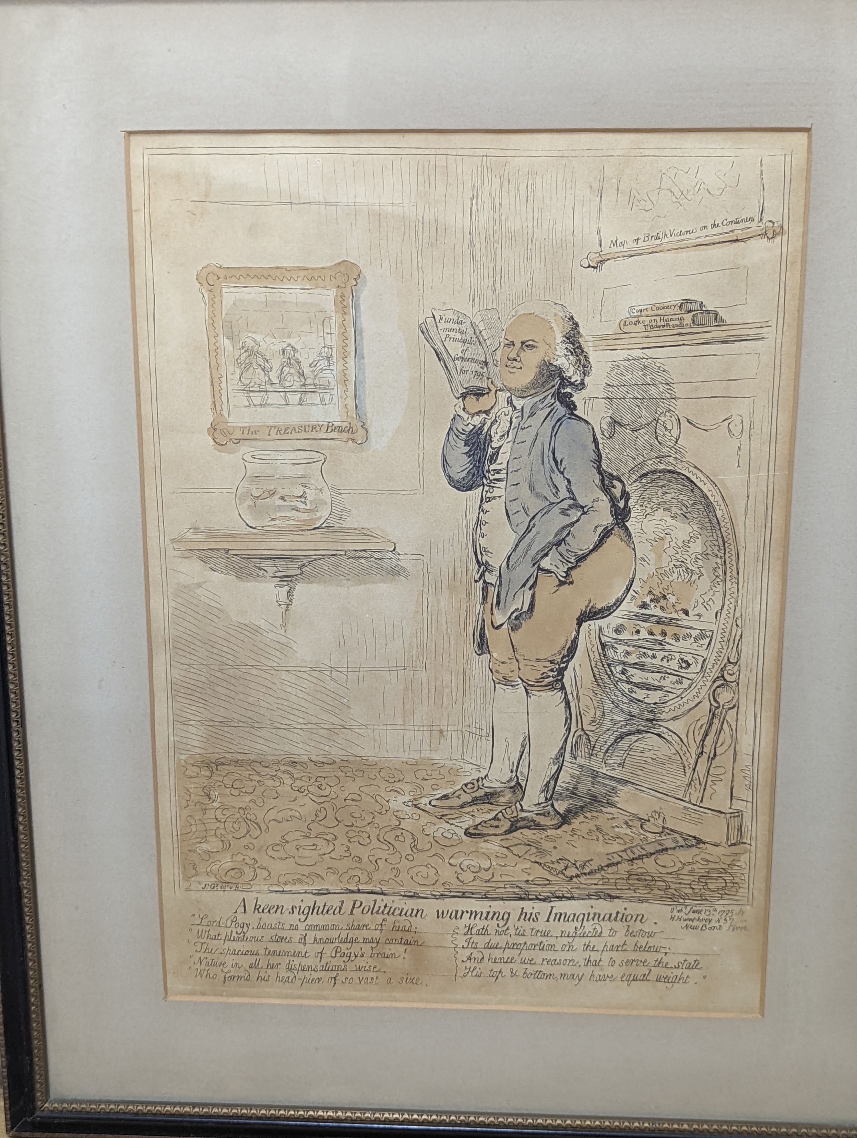 George Vernon Stokes (1873-1954), coloured etching, ‘’Springer Spaniels spying grouse’’, signed, 69/75, 25 x 30cm, together with four 18th century caricature prints